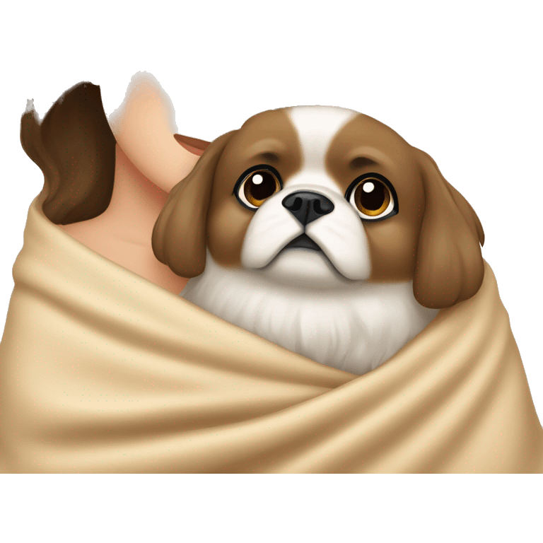 A Women with brown hair is cradling her Pekingese in a beige blanket emoji