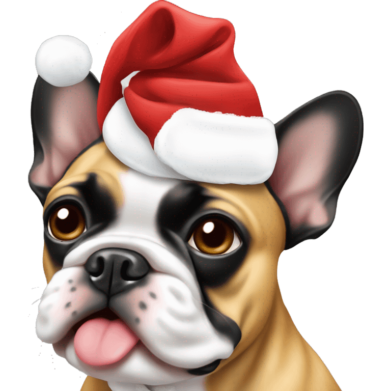 Black and tan frenchie wearing Santa hat emoji