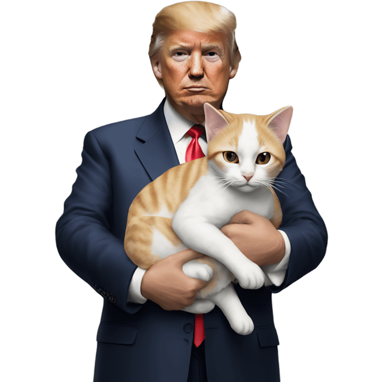 Hyper realistic Donald Trump holding a cat emoji