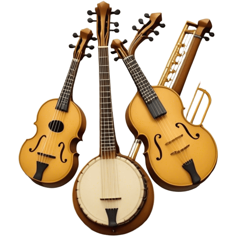 Design a complex, festive, and professional emblem-like emoji representing plucked string instruments. The composition should resemble a heraldic crest, featuring iconic instruments like a banjo, mandolin, domra, and sitar, artistically arranged in a balanced and symmetrical layout. The necks of the instruments should extend upward, intertwining with a flowing ribbon of musical notes, which weaves elegantly around the strings and headstocks. The design should incorporate intricate details, such as carved patterns on the instruments and decorative fretboards, while maintaining clarity and recognizability. Use a rich and celebratory color palette with gold, deep brown, and vibrant accents, adding subtle highlights and shadows for a polished, three-dimensional look. Include ornate elements like laurels, swirls, or subtle engraving to enhance the emblematic feel. The background should be transparent to highlight the composition as a standalone emblem. emoji