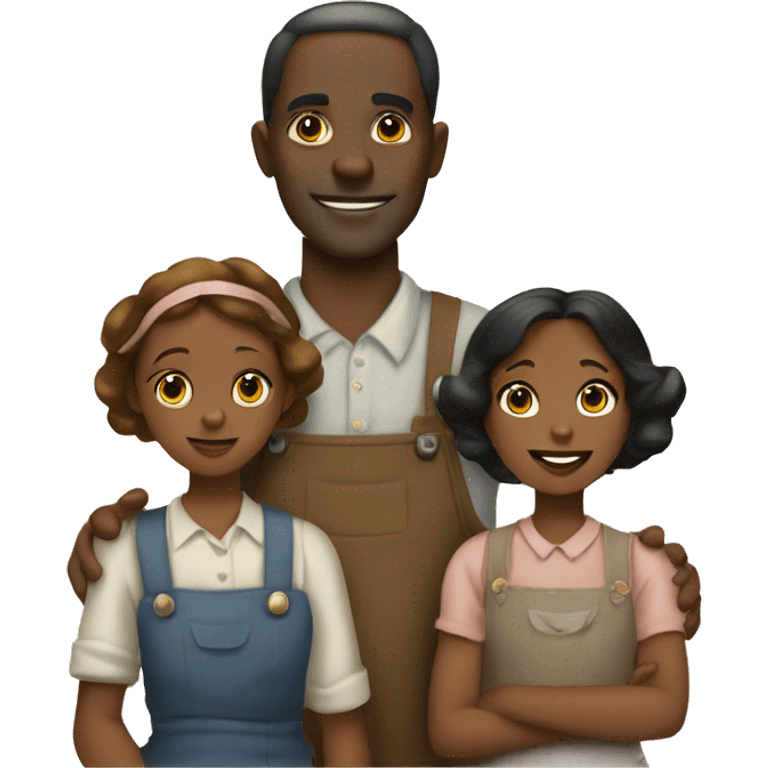 Black family comprises a mom, a dad, and two little girls. In great depression era attire.  emoji