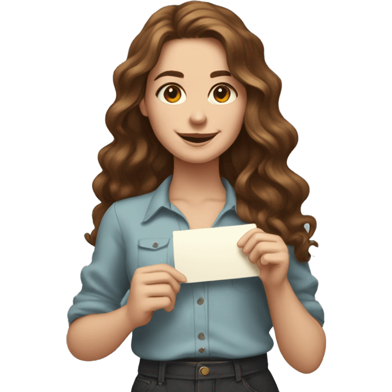 a young woman with wavy long brown hair. She has a friendly expression and is holding several ornate card emoji