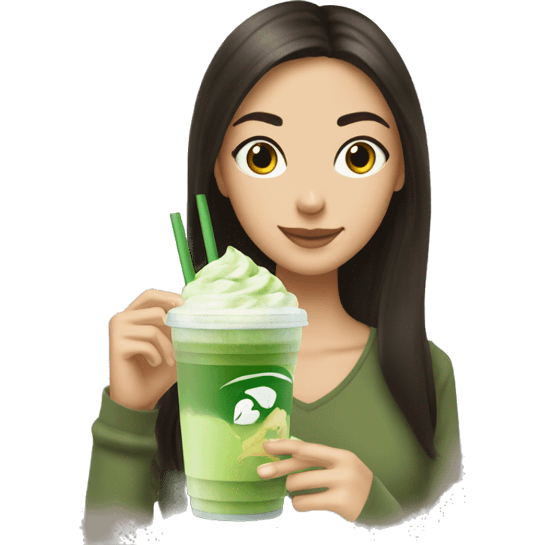 iced matcha latte with a brunette girl sipping it emoji