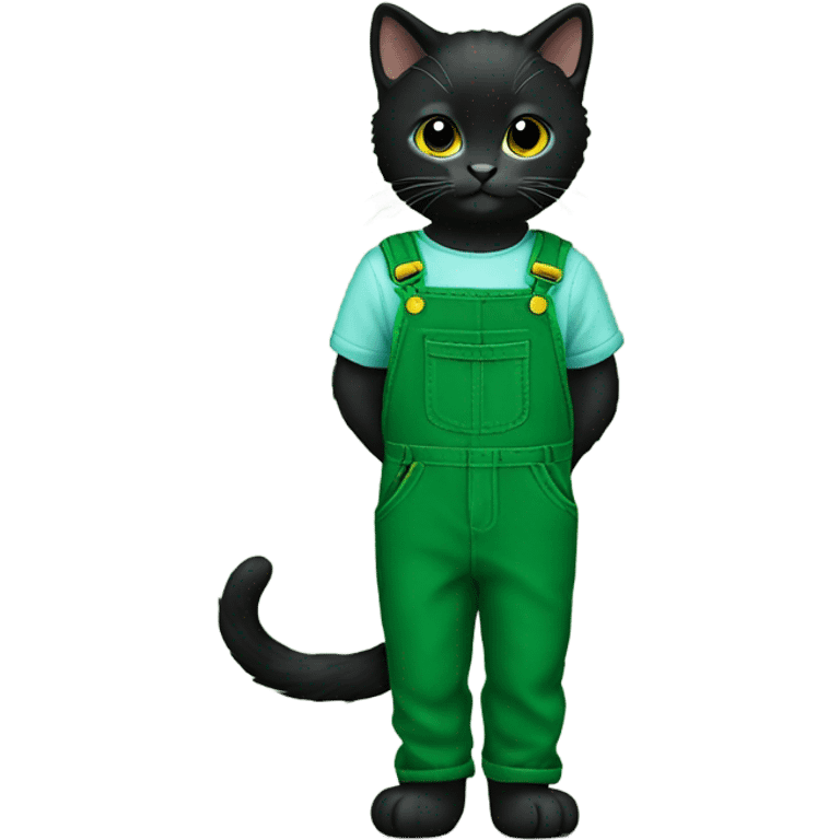 Black kitten wearing green corduroy overalls  emoji