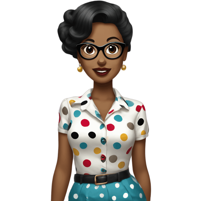 Black haired woman who wears classic pinup blouse with polka dots and big eyecat glasses  emoji