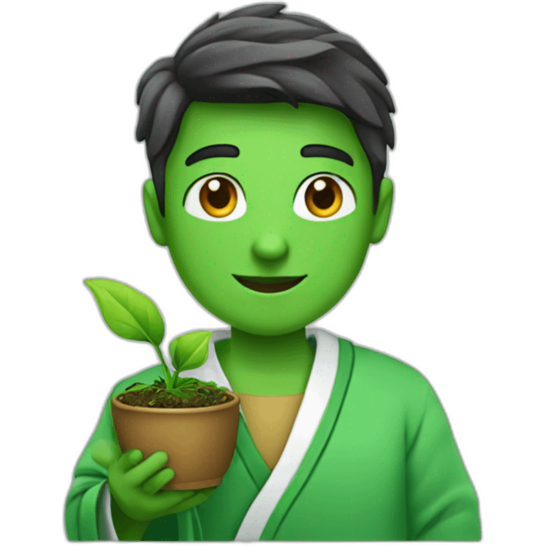 a student in a green robe with a green sprout in his hands. emoji