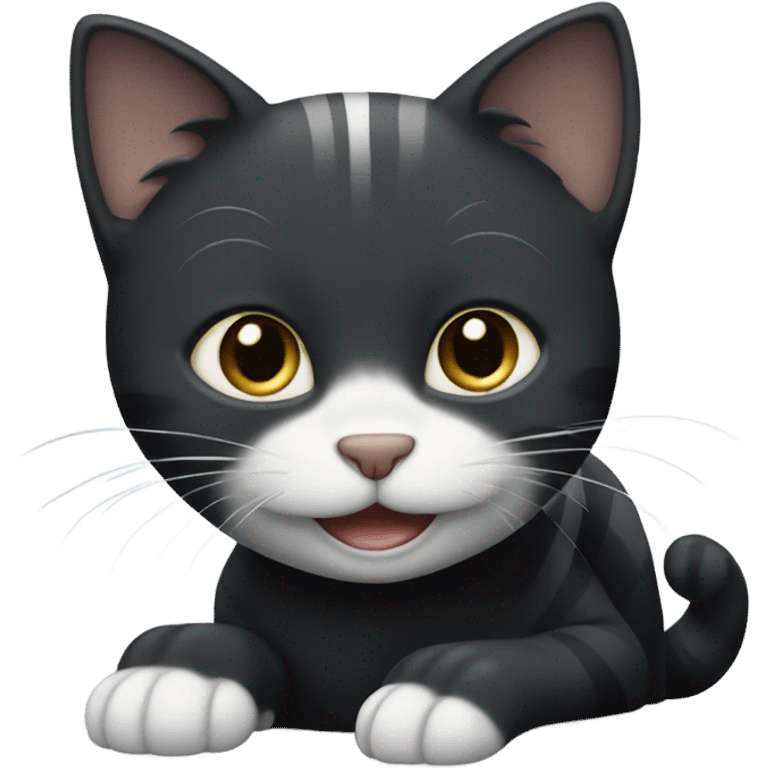 Black Cat with white paws and grey stripes that is smiling emoji