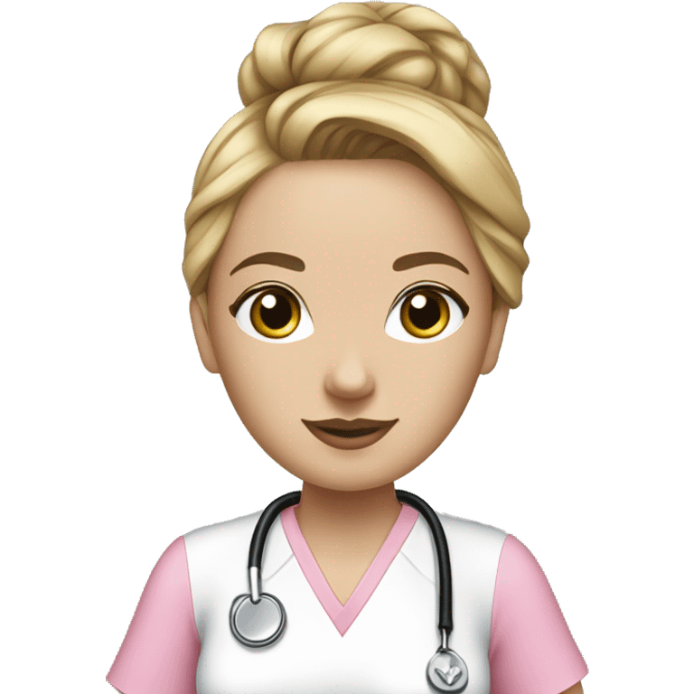 Nurse ,white woman, black messy bun,pink scrubs ,Louis Vuitton bag  emoji