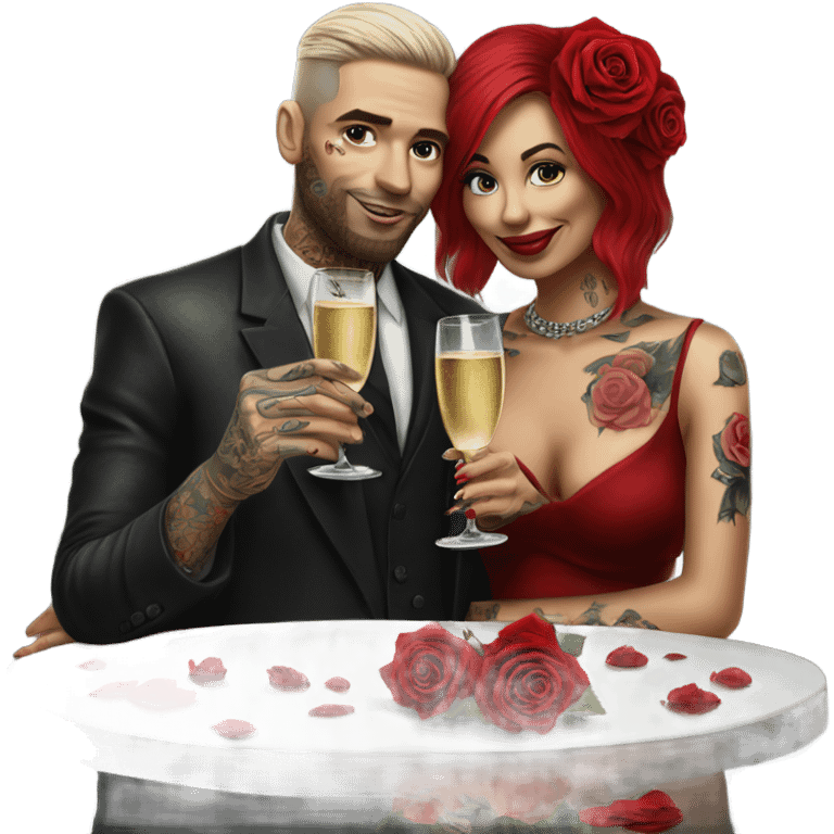 Hyper Realistic tattooed couple drinking champagne with red roses  emoji