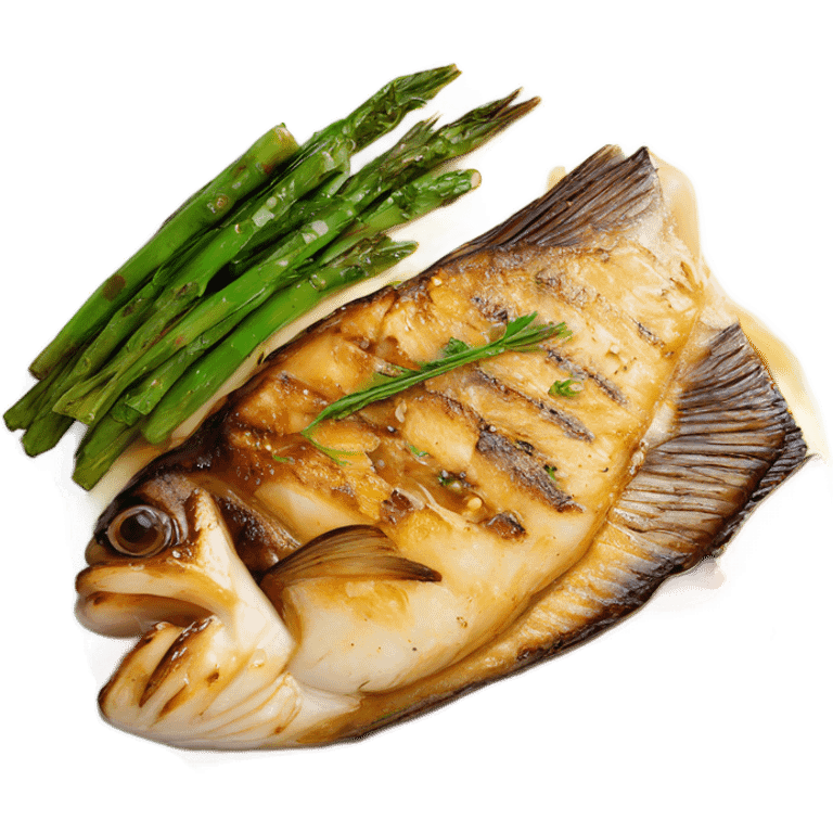 grilled fish fillets with brown butter sauce on white plate emoji