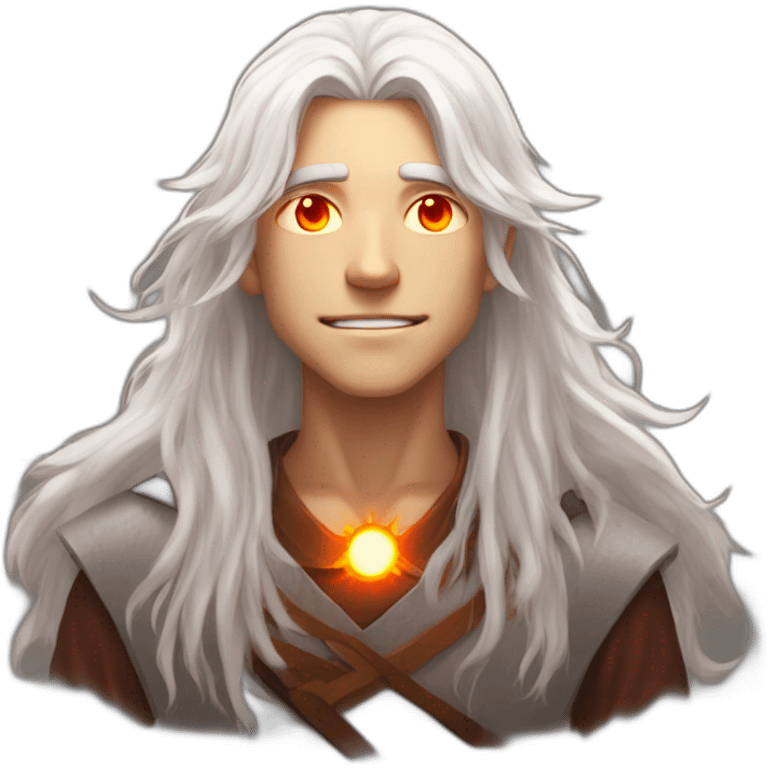 white haired boy with orange-red eyes, glowing eyes, very long hair, he has powers of the sun god, teeange boy, 15 years old emoji