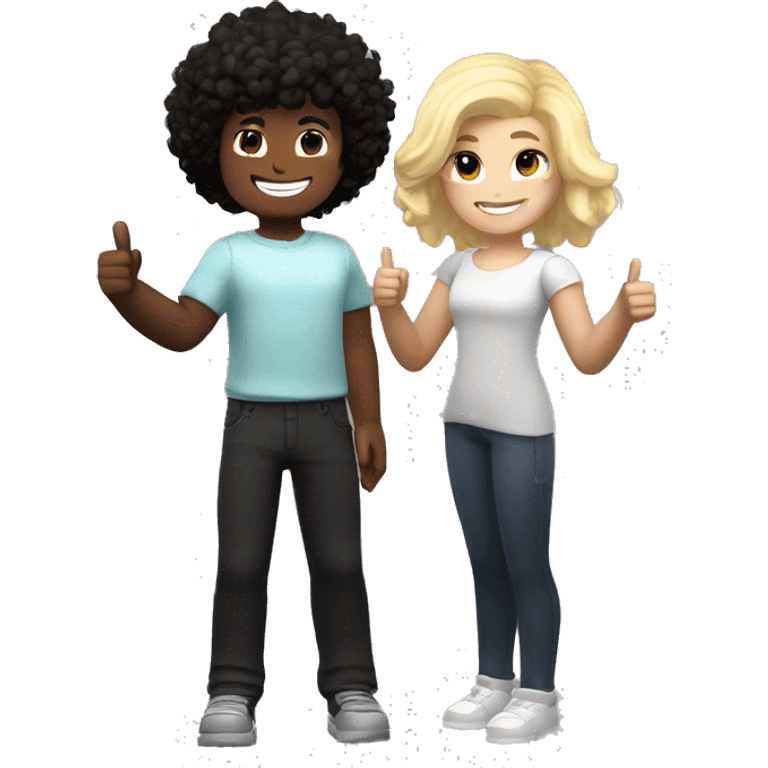 A black, curly dark-haired Roblox girl and a white-skinned, blonde-haired Roblox boy standing together. Both of them giving a thumbs up and smiling emoji