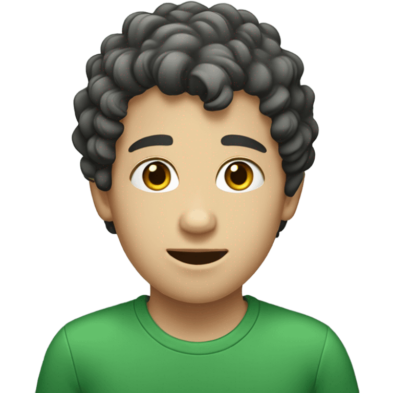 White boy with black curly hair wearing green emoji