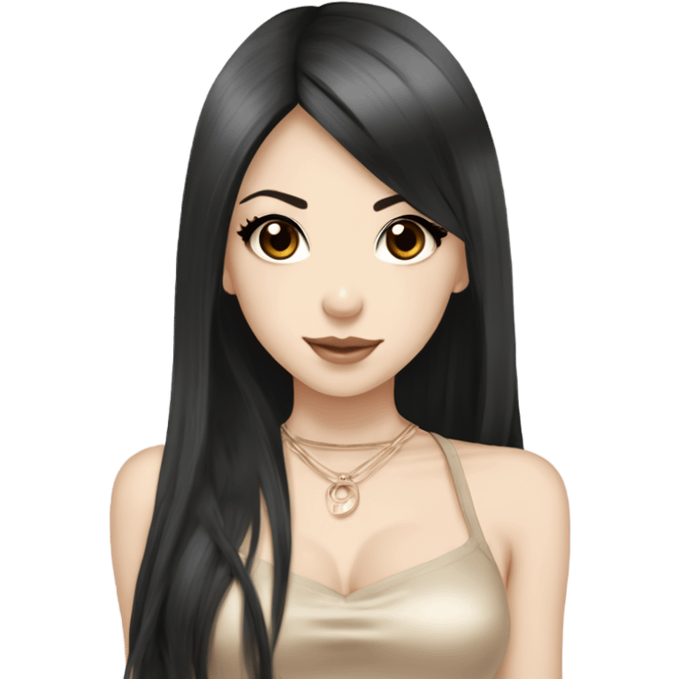 hime gyaru girl with LONG SILKY BLACK HAIR, with beige satin halter top with chest, very pale skin and pretty brown monolid eyes emoji