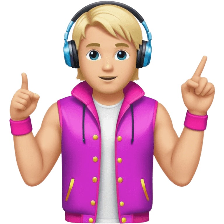 blond big man in colorful dj outfit pointing right emoji