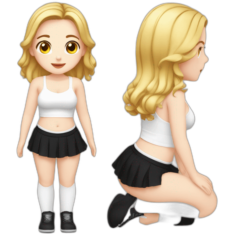 Front view full body curvy caucasian beauty sits on the floor straight hands up black skirt white knickers white socks emoji