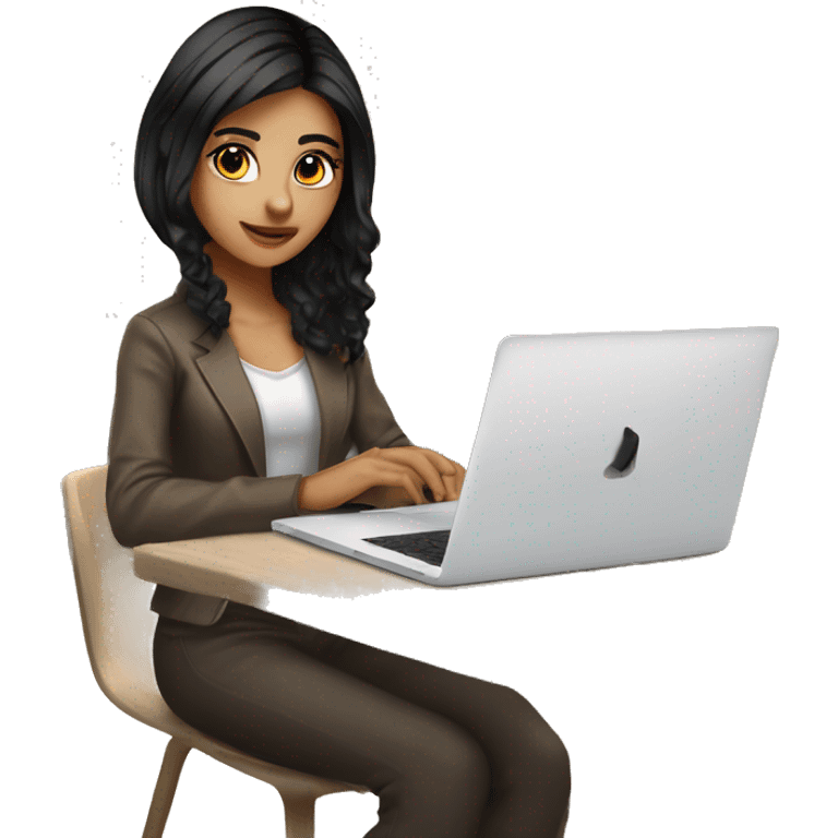 Beautiful programmer girl with black hair and brown highlight streaks hair working with MacBook, with brown eyes  emoji