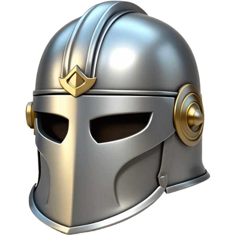 Clash of Clans aesthetic: Cinematic Playful Steel Helm Emoji, rendered in a 3D vector-style similar to standard emojis with minimal shading and bold, simplified shapes. A compact, isometric helmet crafted of shining steel with intricate engravings and a protective visor, softly glowing with a noble warrior charm. Simplified yet unmistakably iconic, highly detailed and consistent, glowing with a soft radiant gleam and high polish. Stylized with a touch of chivalric tradition and a soft glowing outline, capturing the essence of a stalwart battle helm with a friendly, playful manner! emoji