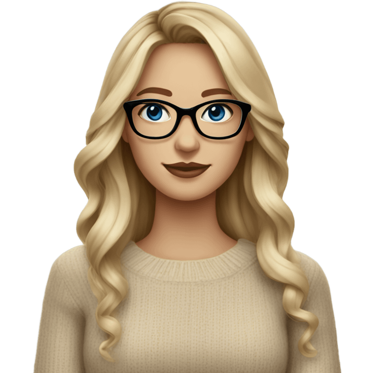 Blonde balayage long hair women blue eyes  beige sweater wearing black glasses  emoji