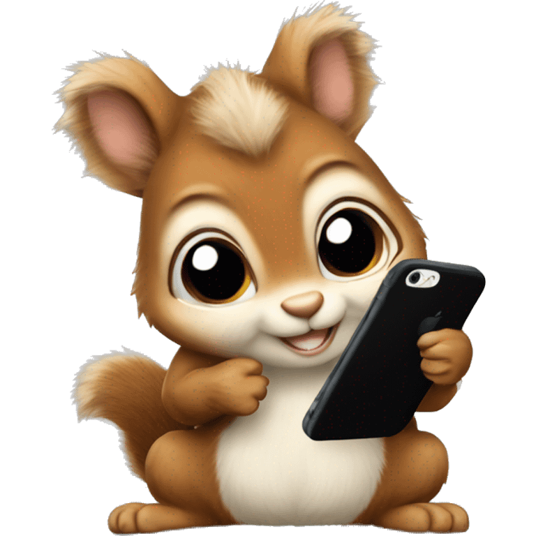 Cute realistic fluffy Squirrel with fluffy ears in black hoodie holding an iPhone  emoji