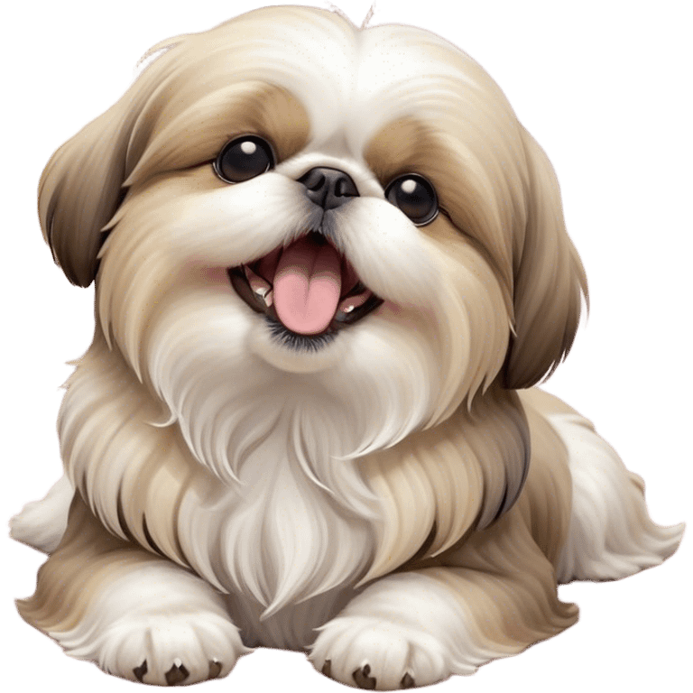 Cinematic Cute Yawning Shih Tzu Portrait Emoji, Head gently tilted with an irresistibly cute yawn and sleepy, half-closed eyes, showcasing a luxurious, fluffy fur in gentle pastel tones, simplified yet endearingly detailed, glowing with a soft, drowsy radiance, high shine, exuding tender, sleepy charm, styled with a delicate, soft glowing outline, capturing the essence of a Shih Tzu caught in a moment of adorable, sleepy bliss! emoji