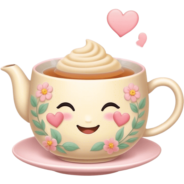 Cute Kawaii Tea Cup, steaming with warmth, a charming smiling face, soft pastel tones, delicate floral patterns, a tiny heart-shaped tea bag tag, cozy and inviting! emoji