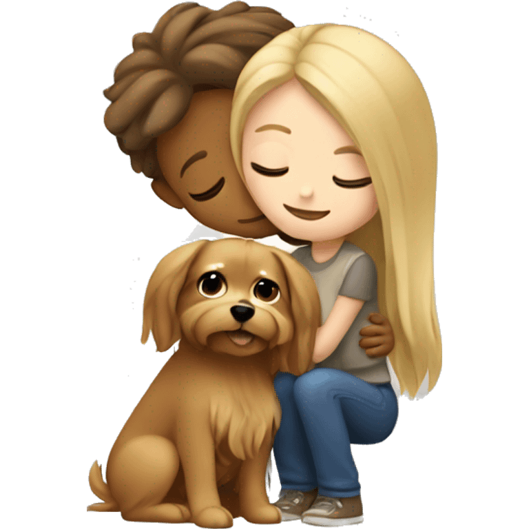 A blonde girl hugging a small Yorkshire dog with brown long hair  emoji