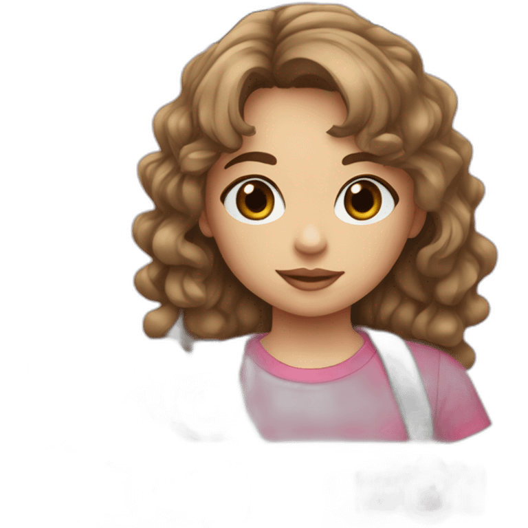  young girl, with dark blonde wavy hair, bangs, big eyes, light brown eyes, white skin, thick lips. that has a pink t-shirt and a canon camera emoji