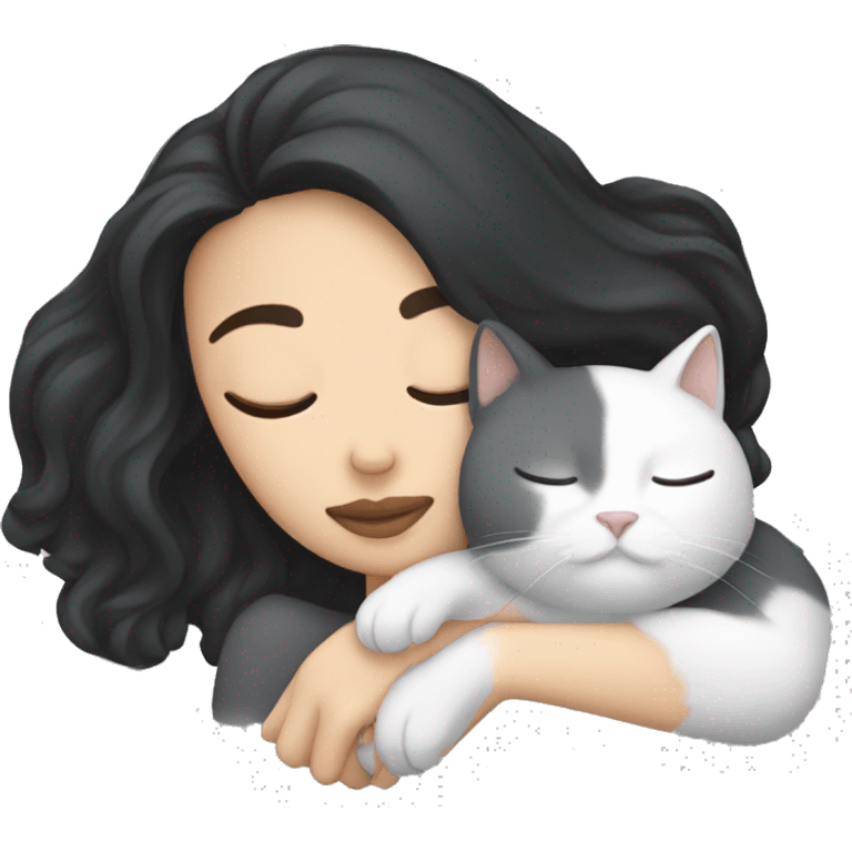 white girl with black hair sleeping with a gray cat emoji