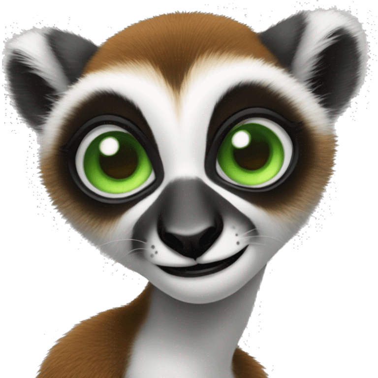 female lemur with giant green eyes with long eyelashes who is a social media manager maybe uses a PC or is on the phone or drinks a coffee emoji