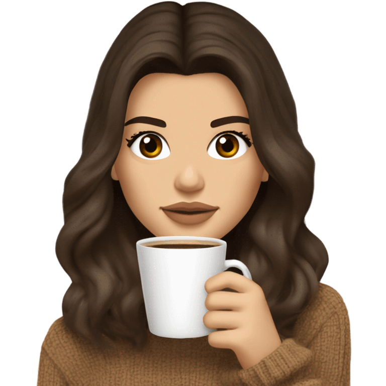 brunette Kendall Jenner with soft and long and Dark blonde hair her eyes brown and sipping coffee Her hair is wavy and shiny With brown sweater just one  emoji