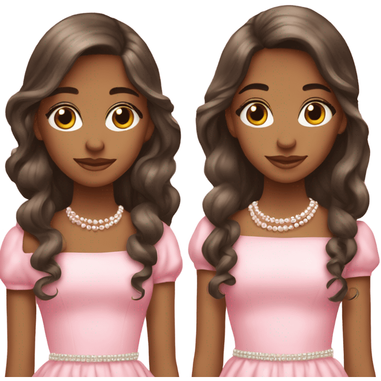 two teenage Latina twins. pink. Long hair. Pink bows. Pearls. Light pink. Diamonds dress. emoji