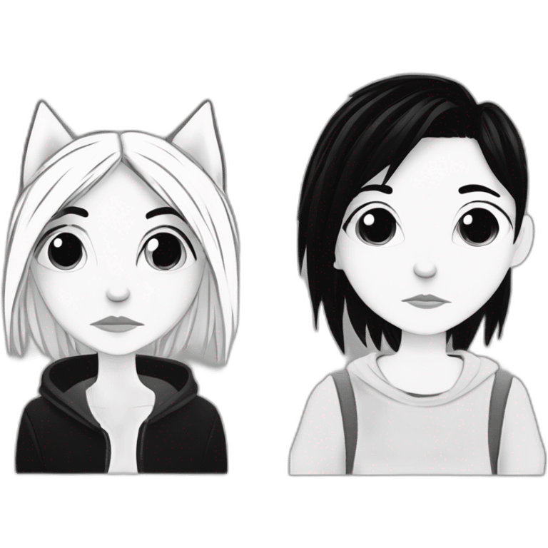 a dog and a dark-haired girl with spiky hair looking at each other in style of ((sarah andersen)), black and white emoji