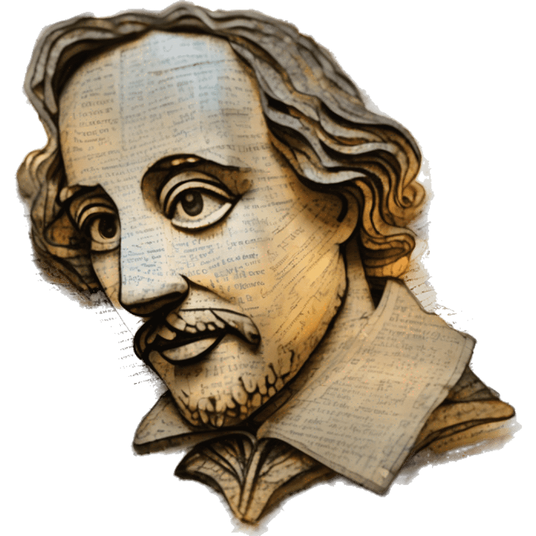 Shakespeare made of newspaper cuttings and bokeh fairy lights, stained glass, fairy lights, bokeh, annotated sketch, handwritten letters, collage of intricate patterns, lantern, bokeh, blur emoji