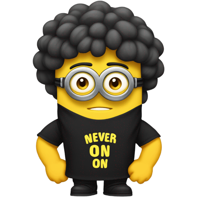 A buff minion wearing a black t shirt top with the words “never goon” on the shirts chest area emoji