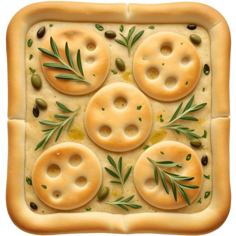 Focaccia Cinematic Realistic Focaccia Bread Dish Emoji, depicted as a golden, olive-oil brushed flatbread sprinkled with herbs, rendered with lifelike textures and warm, inviting lighting. emoji