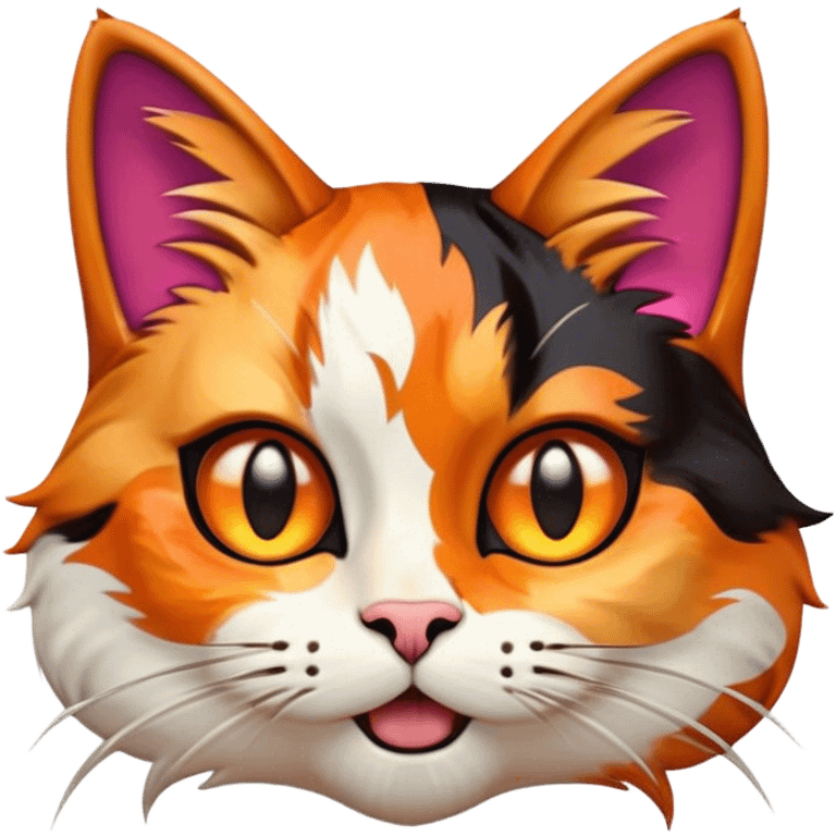 Cinematic Comical Calico Cat Portrait Emoji, Head tilted dramatically with an exaggeratedly surprised expression, showcasing a vibrant patchwork fur of orange, black, and white with wide, comically expressive eyes, simplified yet hilariously detailed, glowing with a sassy, golden radiance, high shine, exuding playful mischief and cheeky feline attitude, styled with a soft glowing outline, capturing the essence of a calico cat that looks ready to leap off the screen with mischievous flair! emoji