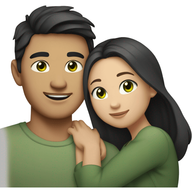 Light skin Asian male with undercut straight black hair and white female with green eyes and long brown wavy hair tightly hugging each other  emoji