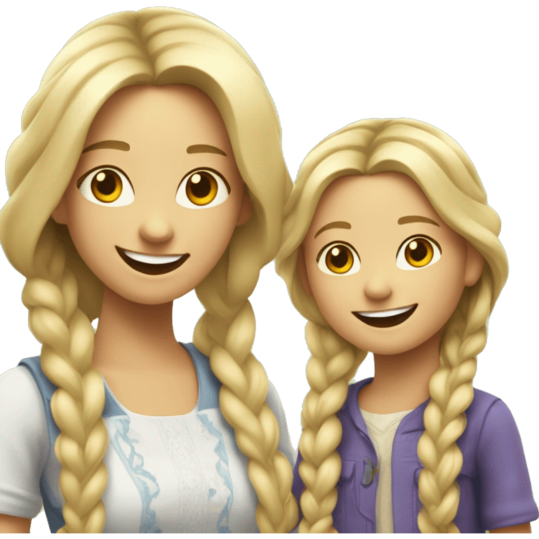 An emoji of a blonde mother with very long hair and a cheerful expression, standing next to her daughter, a small girl with black hair styled in two braids, both smiling happily together emoji