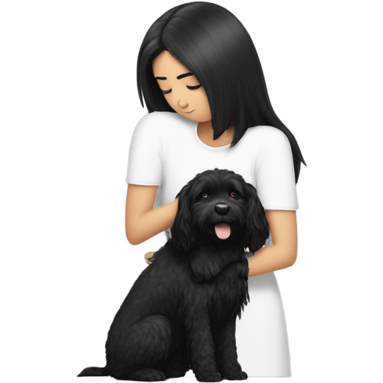 Black and white cavoodle getting hugged by long hair Asian girl emoji