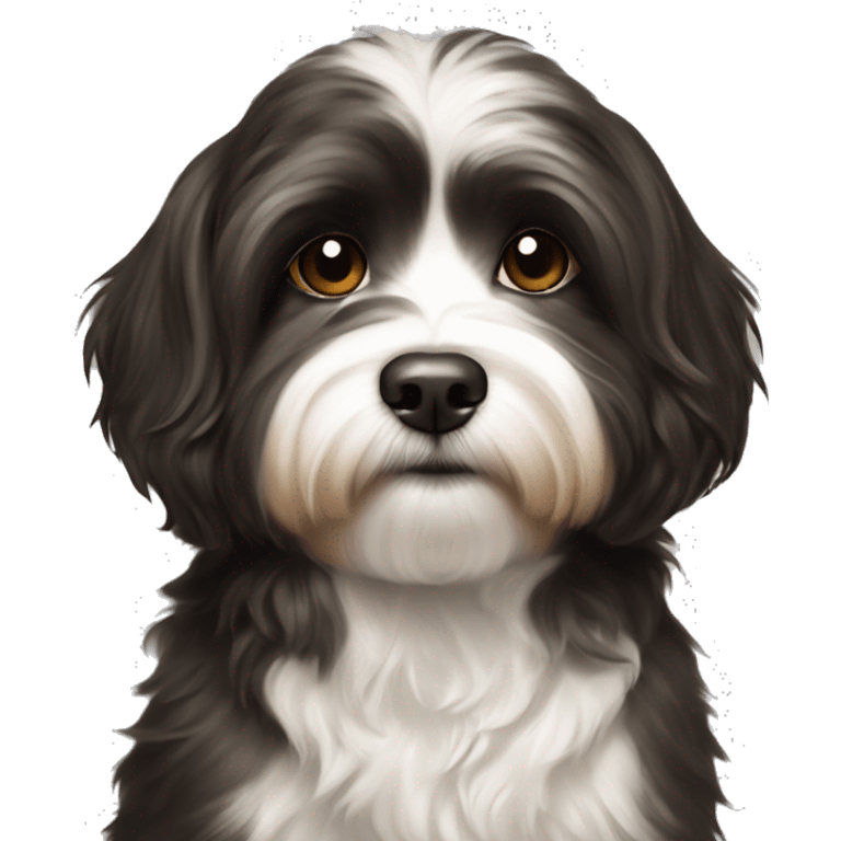 young female artist tan with long dark brown hair painting black+white havanese on a canvas emoji