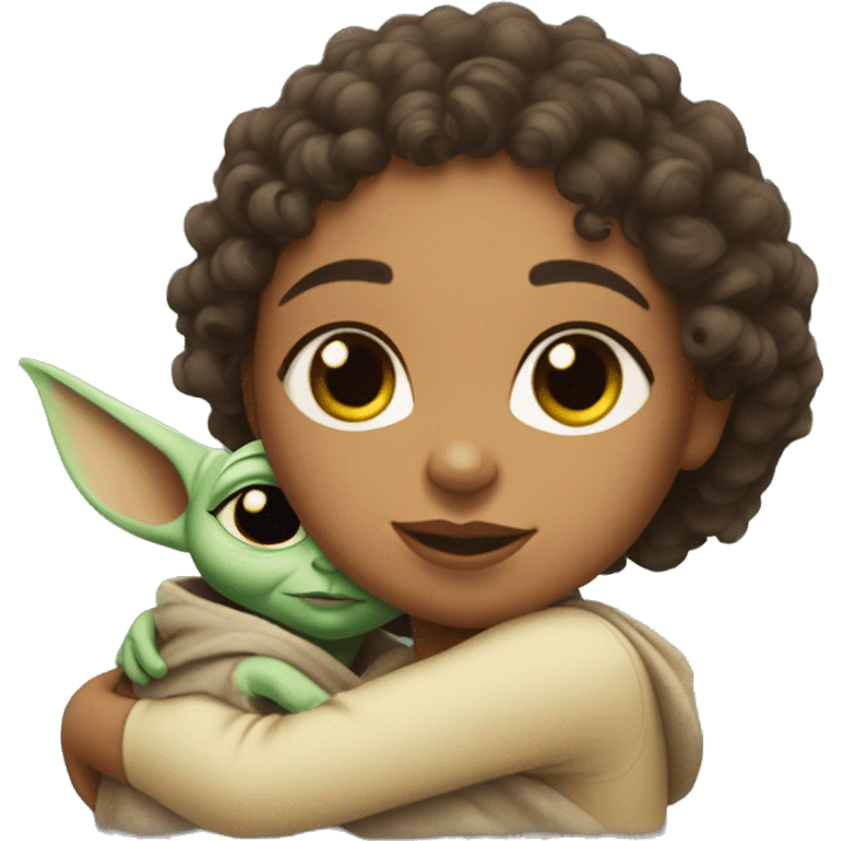 A curly girl with white skin hugging baby yoda   emoji