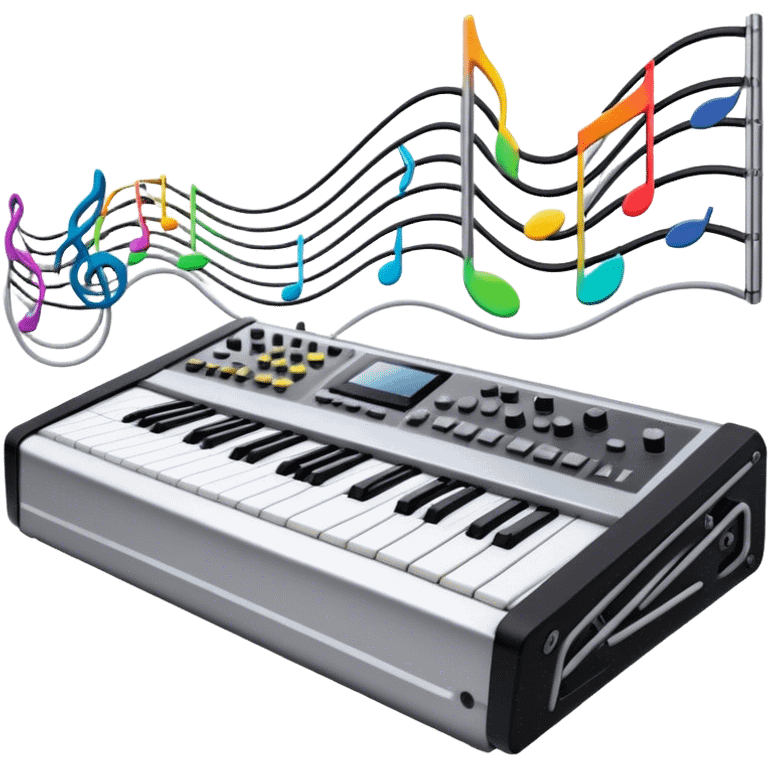 Create a professional and detailed emoji that represents sound design. The design should feature a high-end studio synthesizer, specifically a Korg synthesizer, with a mixing console and control panel, all connected with audio cables. Surround the equipment with flowing sound waves or musical notes to symbolize the creation and manipulation of sound. Use colors like metallic silver, black, and neon accents to emphasize the technical, creative nature of sound design. The background should be transparent. emoji