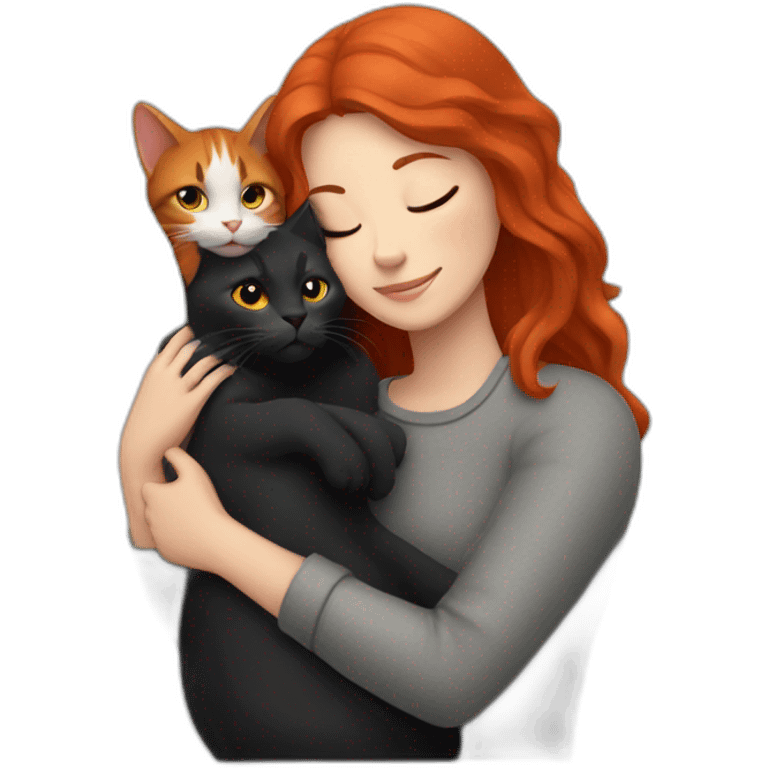 red headed woman hugging black and gray cat emoji