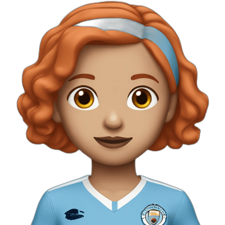 A girl with red bob hair with Manchestercity outfit emoji