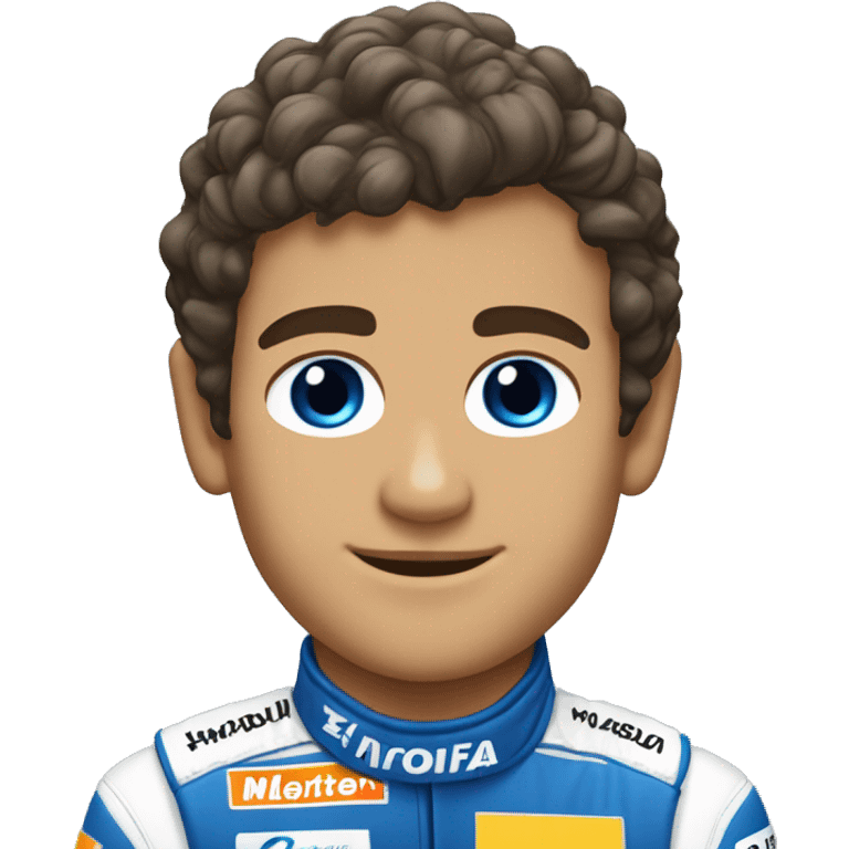 Lando norris with a mullet hair cut, blue eyes and mclaren suit emoji