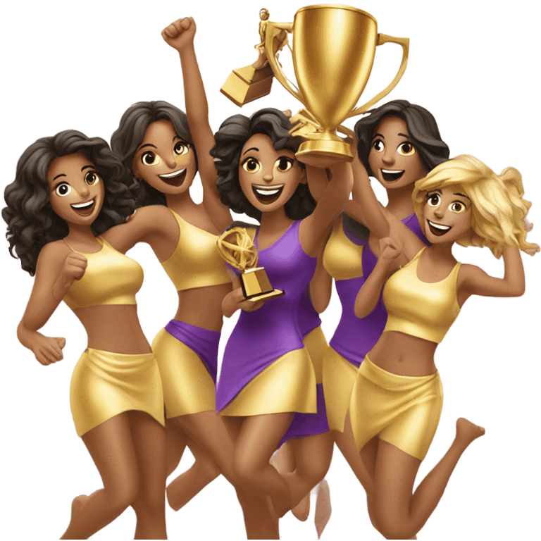 Seven beautiful women celebrating with a huge gold trophy emoji