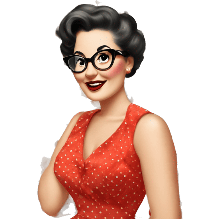 Vintage woman who wears classic pinup red dresses  with black dots and big cat eye glasses  emoji