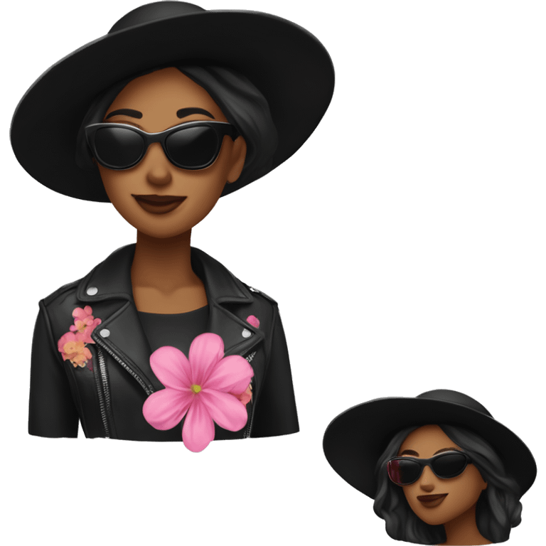  woman wearing a black hat adorned with decorative flowers. She is also wearing black sunglasses and a shiny pink jacket over a black top. She appears in a side profile pose with black hear , her head slightly tilted back. White skin emoji