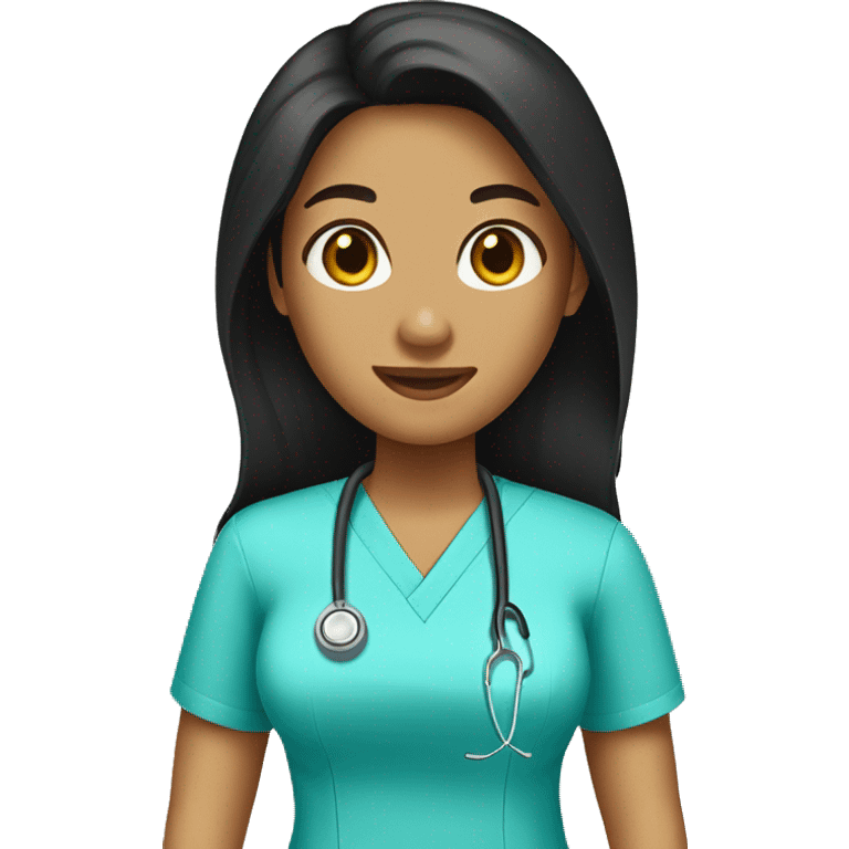 Tan nurse with scrubs long black hair emoji